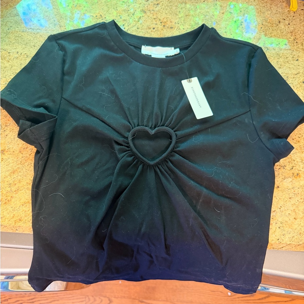 Anthropologie Black Cropped Tee with Heart Ring Cut-Out Detail
